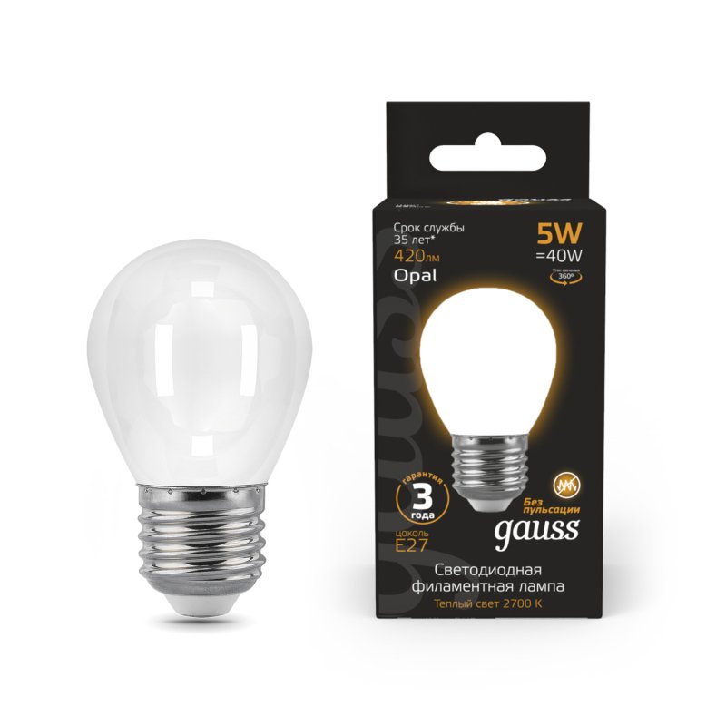 Лампа Gauss LED Filament Шар OPAL E27 5W 420lm 2700K 1/10/50