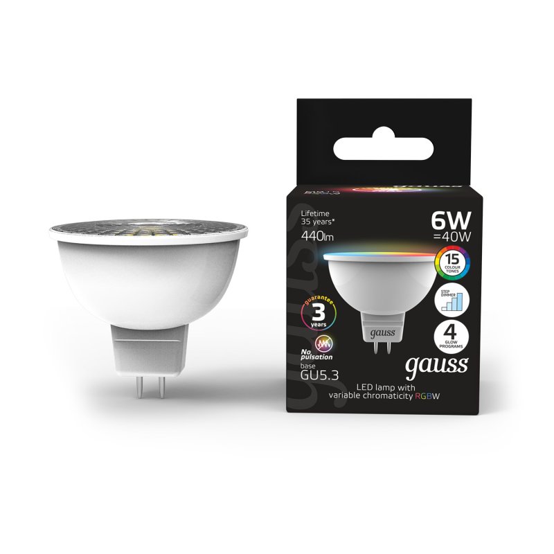 Лампа Gauss MR16 6W GU5.3 RGBW+диммирование LED